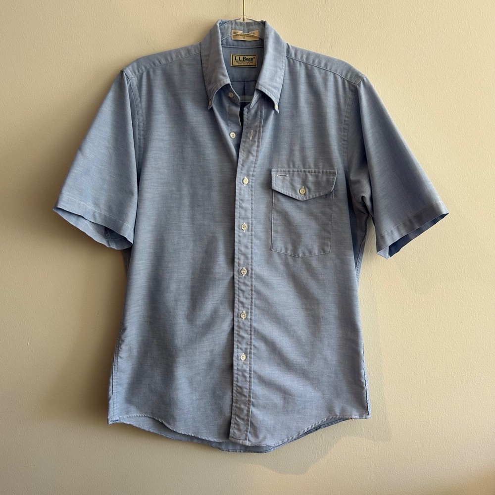 Vintage L.L. Bean Button Down Shirt Blue 15 Short Sleeve Oxford USA Made